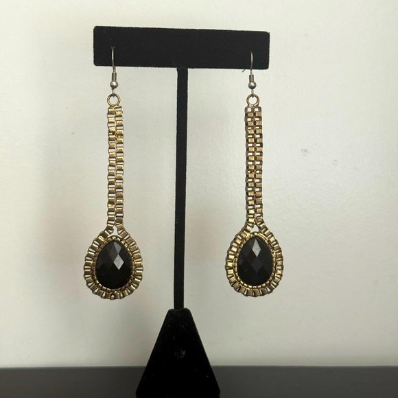Vintage Inspired Goldtone & Black Faceted Gemstone Teardrop Statement Earrings - Picture 4 of 4